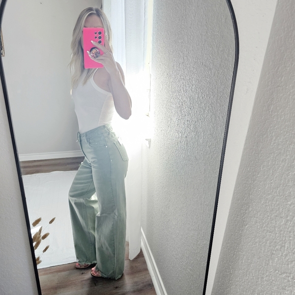 RISEN High Rise Wide Leg Olive Denim Jeans Classic Frayed Hem Size 1/25 NEW - Picture 7 of 15